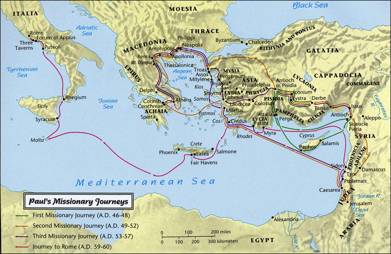 Map Of The Apostle Pauls Missionary Journeys 